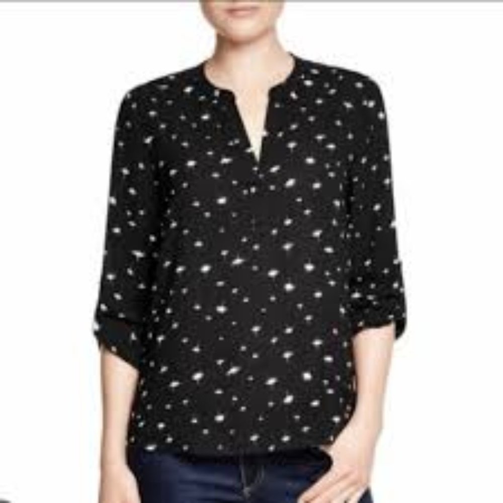 Daniel Rainn Koda Split Neck Waterman Blouse in Black w/ White Dandelion Pattern